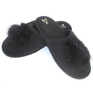 Victoria's Secret Black Knit Embroidered Pop Pom Slippers Slip On Women's Large